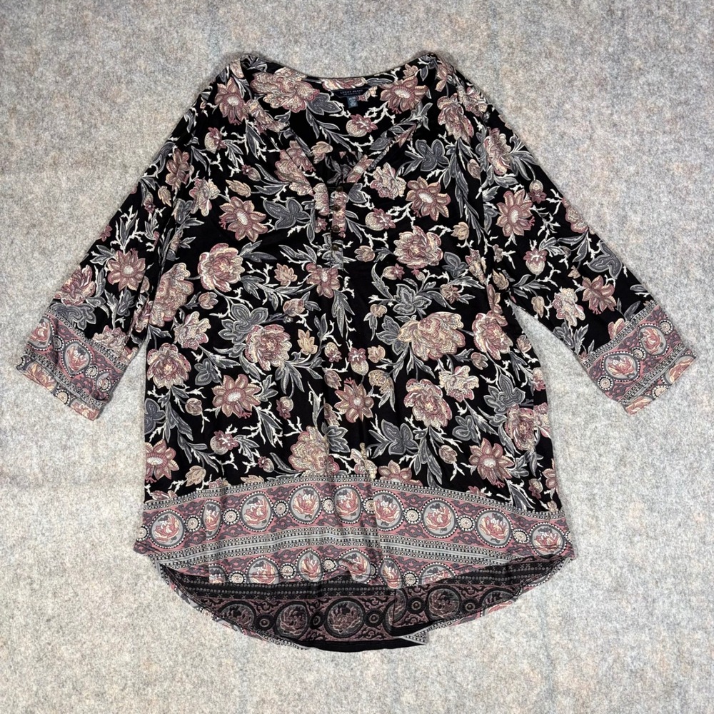 Lucky Brand Tunic Top Womens 2X Black Floral Henley Boho 3/4 Sleeve Blouse